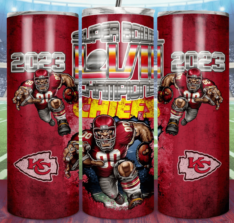 Stainless steel tumbler with red sports-themed printed wrap and clear lid