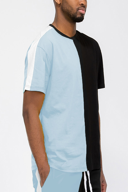 Split two-way T-shirt with light blue and black front panels, short sleeves