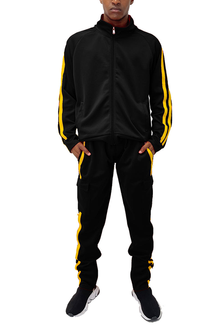 Black zip-up track jacket and cargo pants set with bright yellow stripe detailing