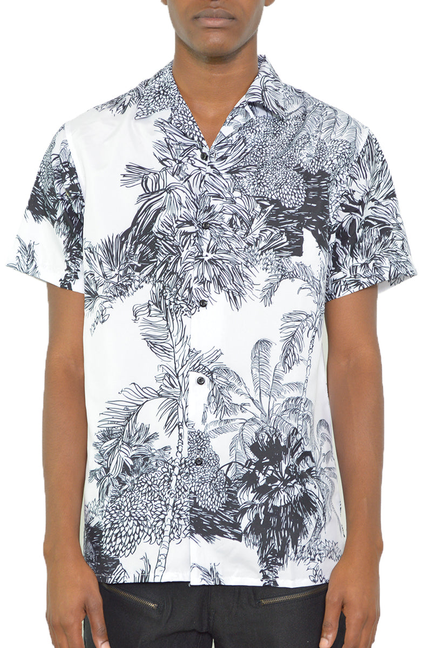 Men's short-sleeve button shirt, white with navy tropical print