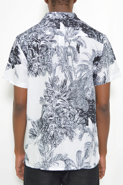 Men's short-sleeve button shirt back, white with dark tropical foliage print