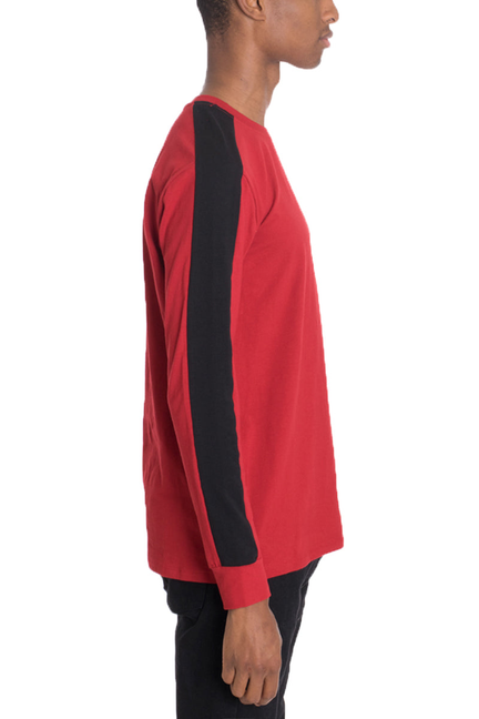Red long-sleeve shirt with single vertical black stripe