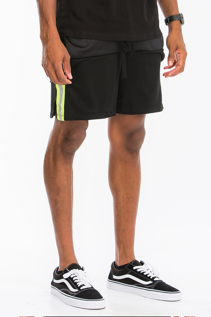 Black mesh quarter shorts with lime side panel and drawstring waist, knee length