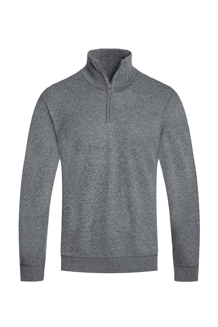 Heather grey knit quarter-zip sweater with mock neck and long sleeves