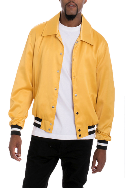 Gold satin bomber jacket with snap front, stand collar, black ribbed cuffs and hem.