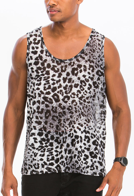 Leopard-print sleeveless tank with scoop neck and straight hem