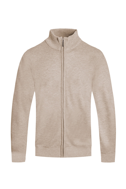 Khaki knit full-zip sweater with stand collar and ribbed cuffs and hem