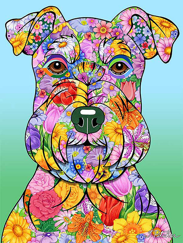 Colorful floral schnauzer portrait garden flag with butterfly-ear decorations