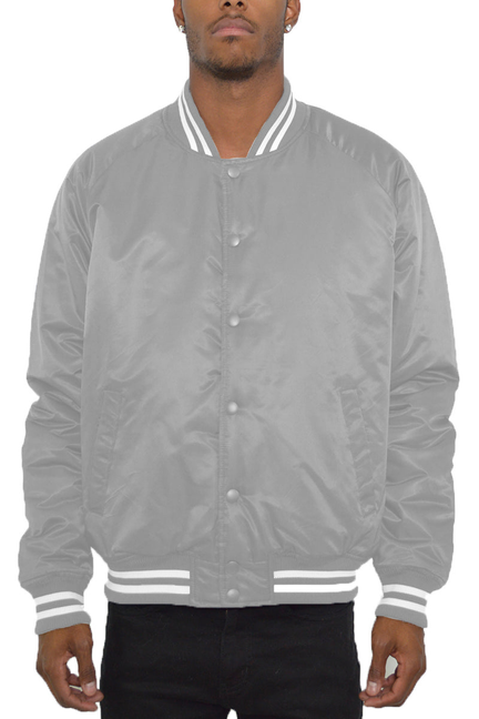 Grey varsity windbreaker jacket with snap-button front and ribbed striped collar, cuffs