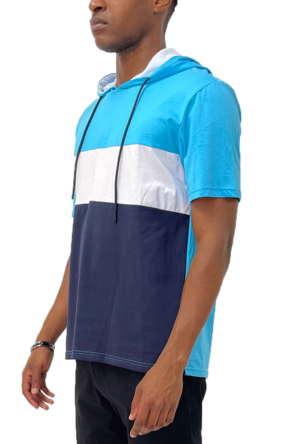 Two-tone hooded T-shirt with drawstring, light blue sleeves and navy body with white stripe