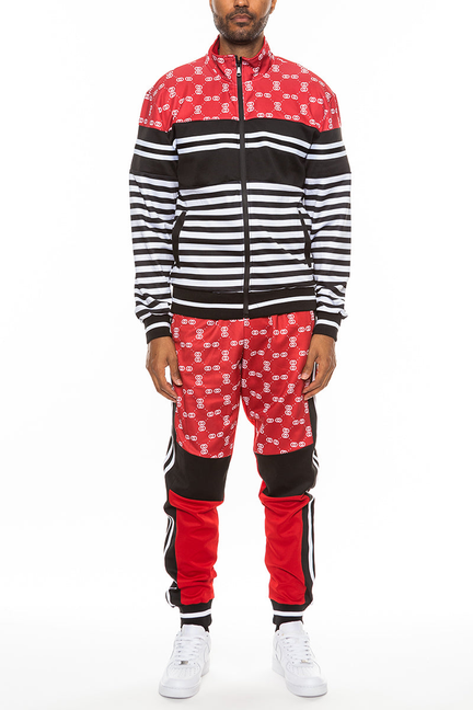 Men's track suit with red and black zip jacket and matching patterned shorts