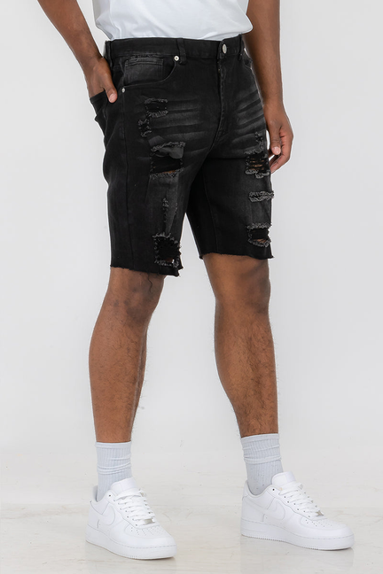 Black washed distressed denim shorts with ripped knees and frayed hems