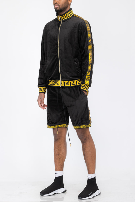 Black velour short set with gold trim: zip jacket and matching shorts