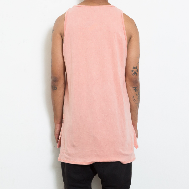 Pink basic tank top, sleeveless with straight hem, back view