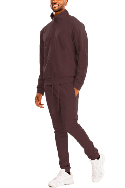 Solid brown tracksuit set with zip track jacket and matching tapered pants
