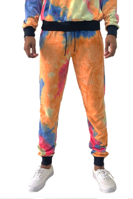 Orange tie-dye sweatpants with blue and pink swirls, elastic waistband and ribbed cuffs