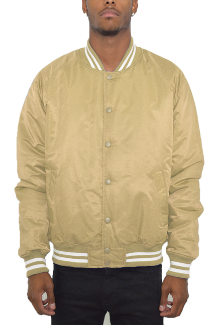 Khaki varsity windbreaker jacket with striped ribbed collar, cuffs, and snap buttons