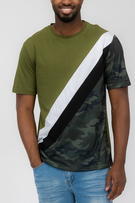 Olive camo color-block T-shirt with diagonal panels