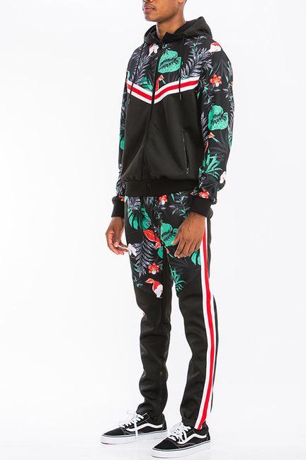 Black printed track set with zip-up hoodie and matching joggers, tropical leaf print