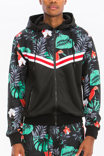 Black printed track jacket with hood, tropical leaf and bird pattern, white/red chest stripe