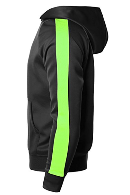 Black hoodie with a single vertical lime stripe on the sleeve