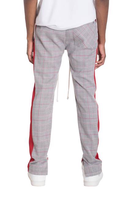 Red and gray plaid track pants, cropped view with elastic cuffs and side seams