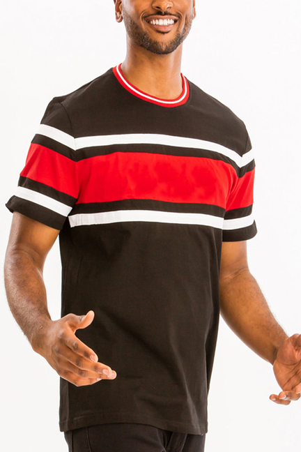 Black crewneck tee with red center stripe and white striped bands