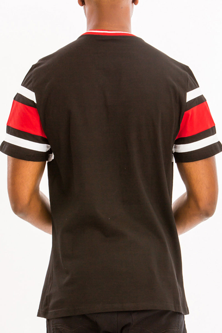 Black crewneck tee back with red-and-white striped sleeve bands