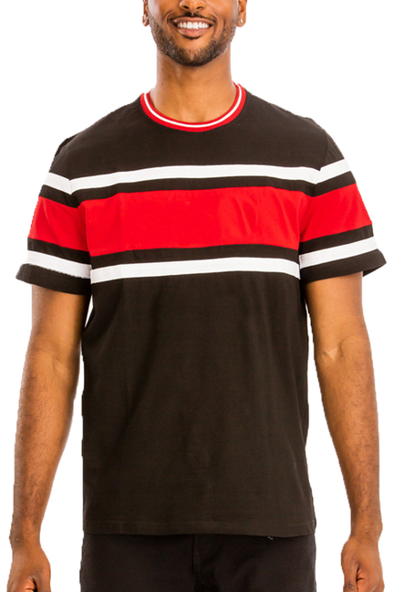 Black crewneck tee with bold red stripe and white striped bands, short sleeves