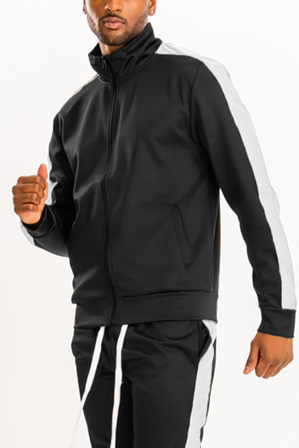 Black track jacket with white side stripe, zip-up front, high collar.