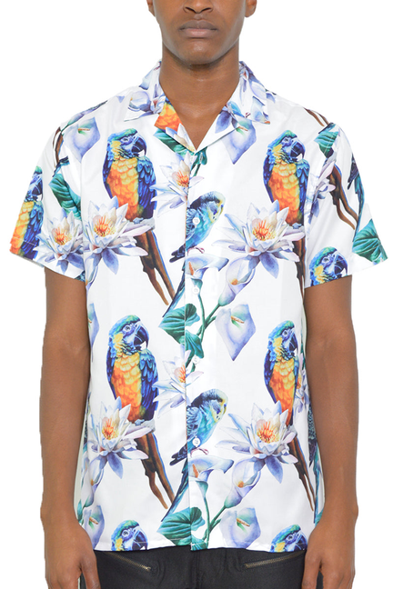 Short sleeve button-up shirt with parrot, leaf, and flower print on white