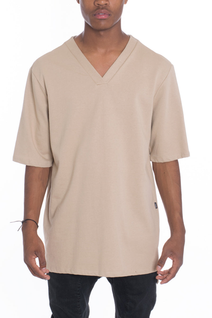 Oversize V-neck tee in khaki, short sleeves, relaxed fit