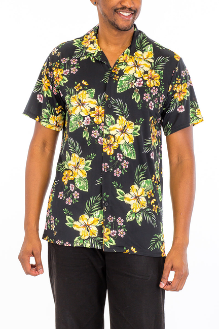 Men's Tahiti floral button-up shirt, short sleeves, black with yellow and green blooms
