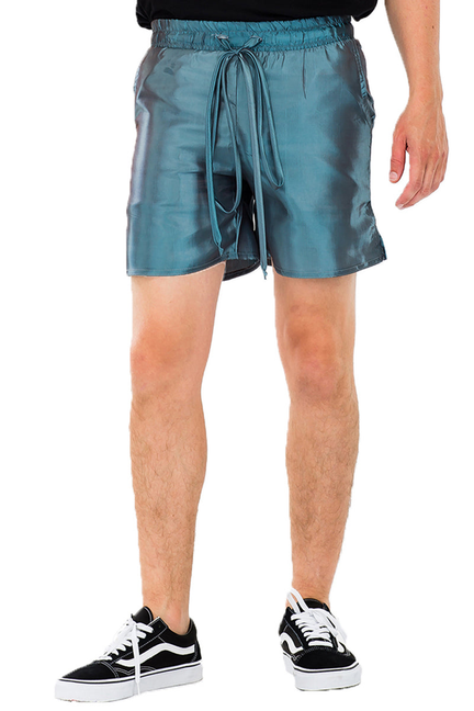 Peacock Sheen teal satin shorts with drawstring tie, relaxed fit and side pockets