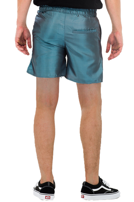 Peacock Sheen teal satin shorts with elastic waistband, drawstring and back patch pocket