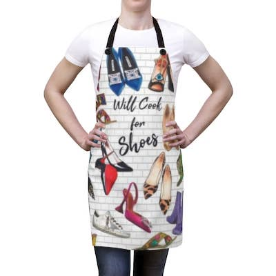 Shoes-themed apron with colorful shoe print and black neck straps