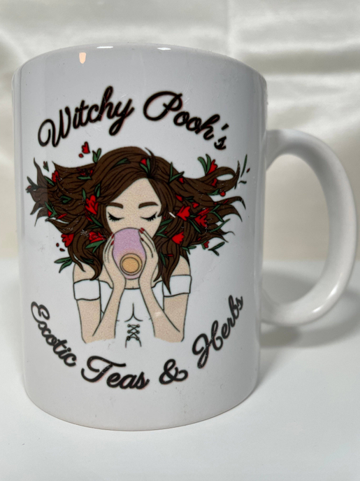 White ceramic mug with witch girl illustration, "Witchy Pooh's" lettering