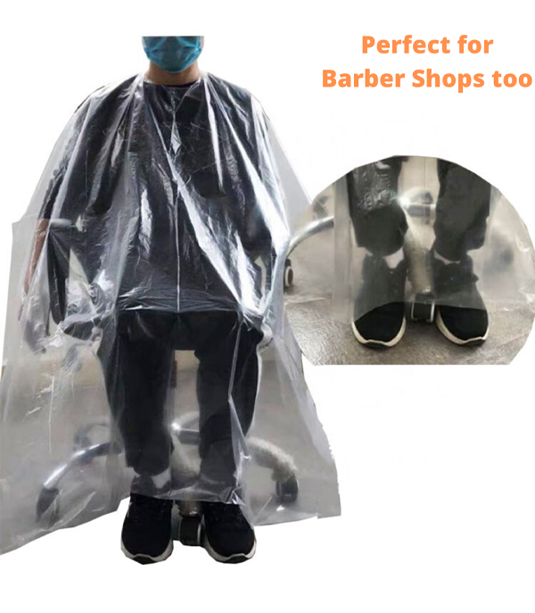 Clear disposable protective barber cape apron gown with wide sleeves and neck opening
