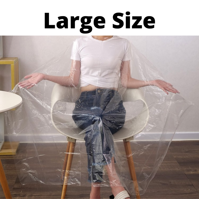 Large clear disposable apron gown cape with wide arm openings and protective front