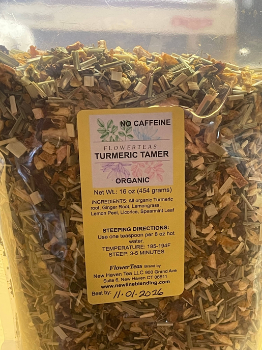 Organic no-caffeine turmeric tamer loose-leaf tea in resealable bag, front label visible