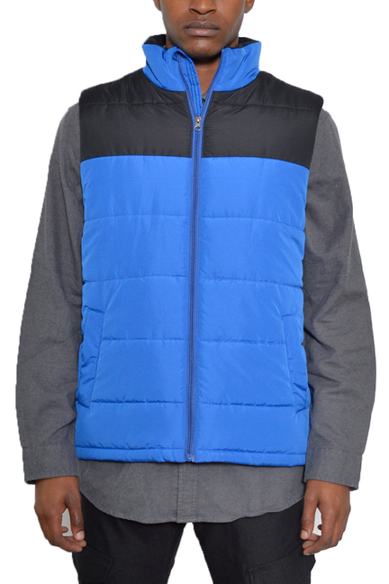 Two-tone padded vest with front zip, blue and dark navy panels.