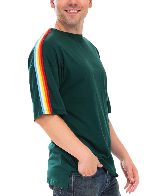 Green crew-neck T-shirt with vertical rainbow tape on sleeve, short sleeves