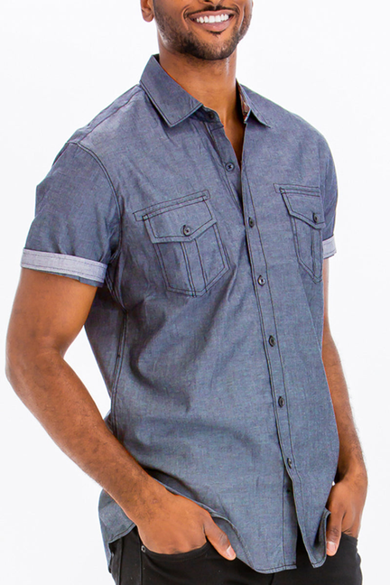 Nik striped stitch short-sleeve button-up shirt with two flap chest pockets, blue