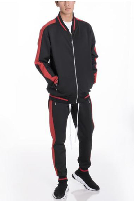 Black track jacket and pants set with red side stripes and zip front