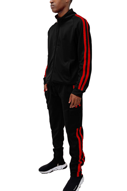 Black cargo pants with red stripe detailing and matching track jacket