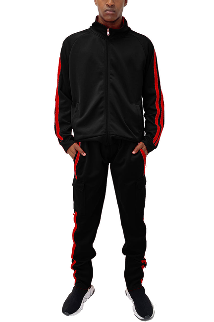Black cargo pant set with zip track jacket, red side stripe accents