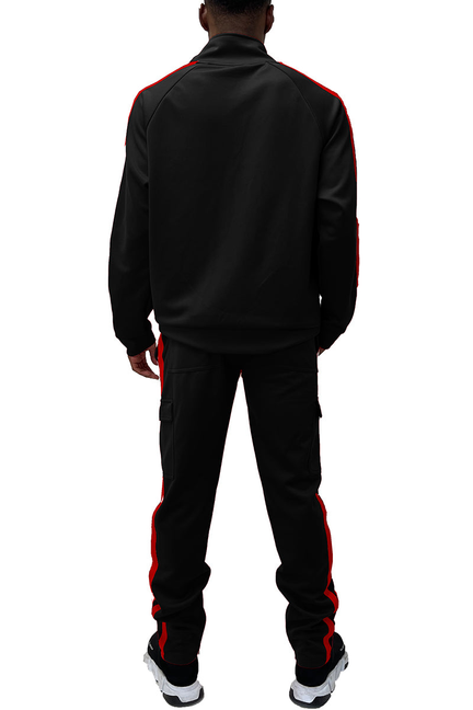 Black cargo pant set, back view of track jacket with red side stripes