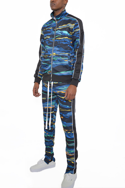 Black and blue print zip-up tracksuit with matching jogger pants