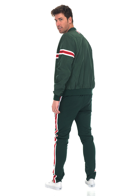 Men's dark green track jacket and jogger set with red-and-white side stripes