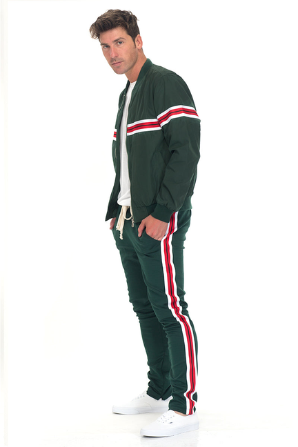 Men's dark green tracksuit set with hooded jacket and red-and-white stripe pants